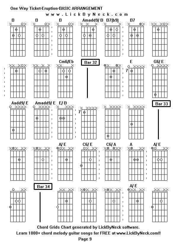 Chord Grids Chart of chord melody fingerstyle guitar song-One Way Ticket-Eruption-BASIC ARRANGEMENT,generated by LickByNeck software.